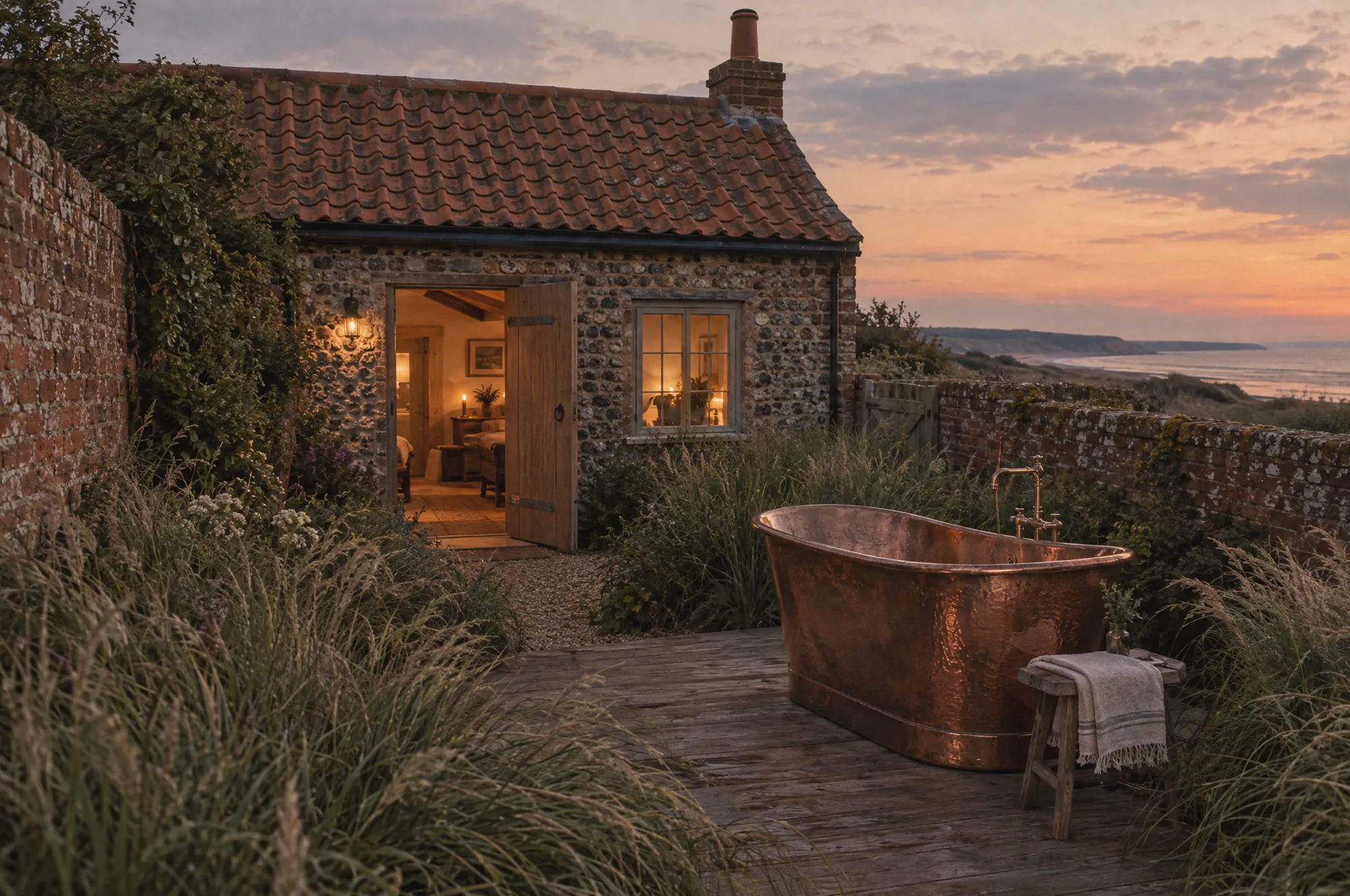 The Old Dairy, a flint cottage with a copper bath on the deck outside at dusk