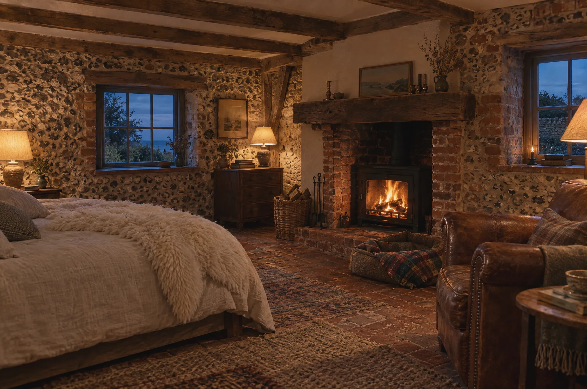 Inside The Old Dairy: a linen bed, an open fire and flint walls in lamplight