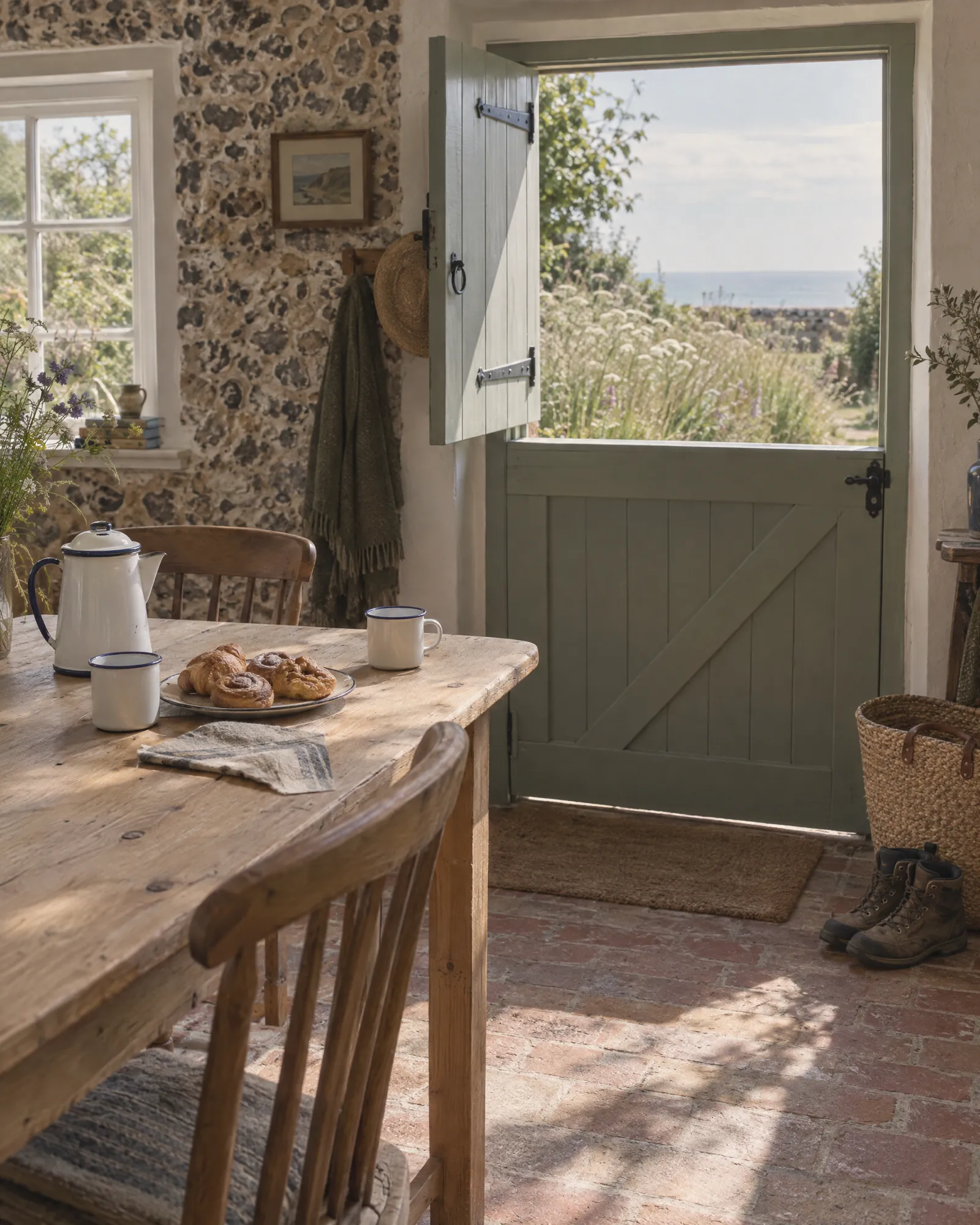 Morning in The Old Dairy with coffee on a pine table and the stable door open to the garden