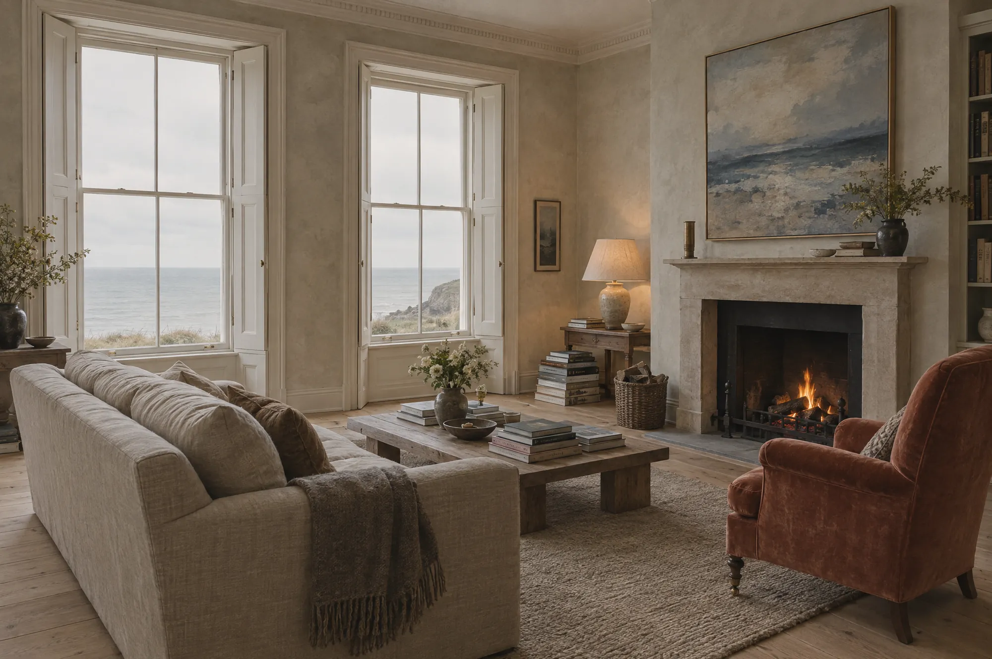 The drawing room with a fire and shuttered sash windows onto the sea