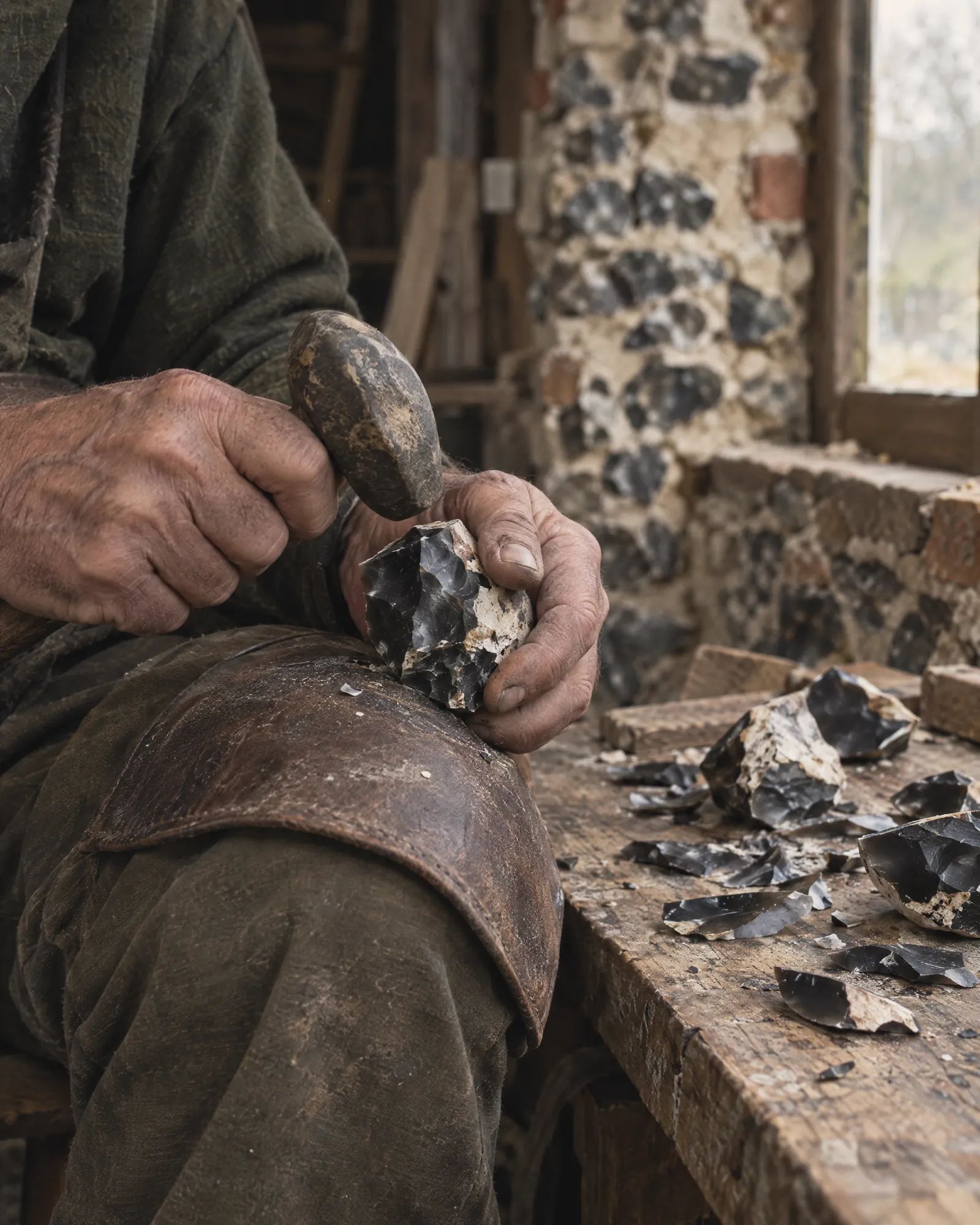 A craftsman's hands splitting a flint nodule with a knapping hammer