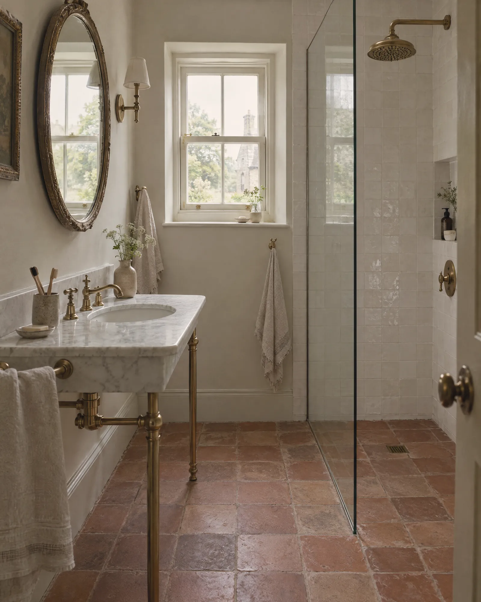 A marble washstand on brass legs and a shower with terracotta floor tiles