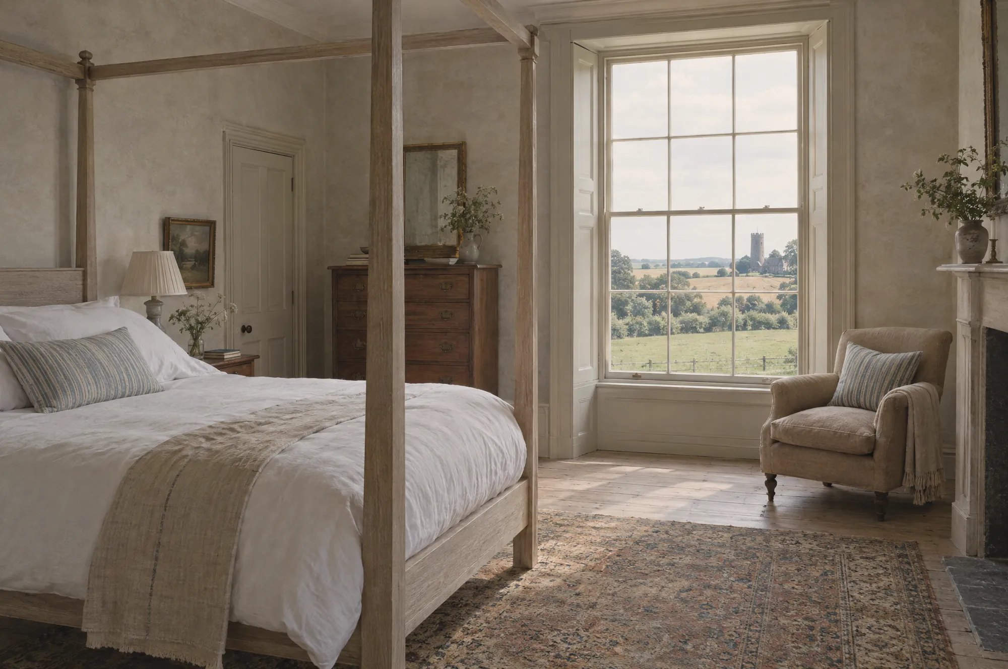Kittiwake bedroom with a limed-oak four-poster and a window over fields to a church tower