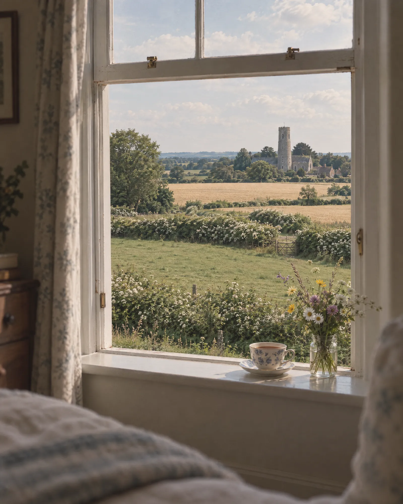 The view from Kittiwake over a paddock and barley fields to a flint round-tower church