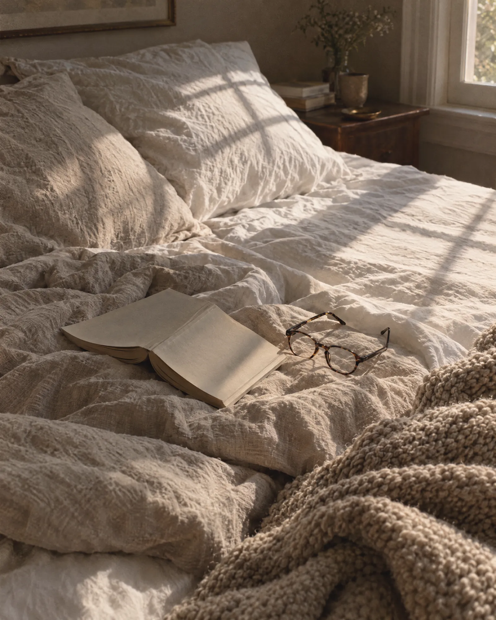 Rumpled linen and an open book in morning light