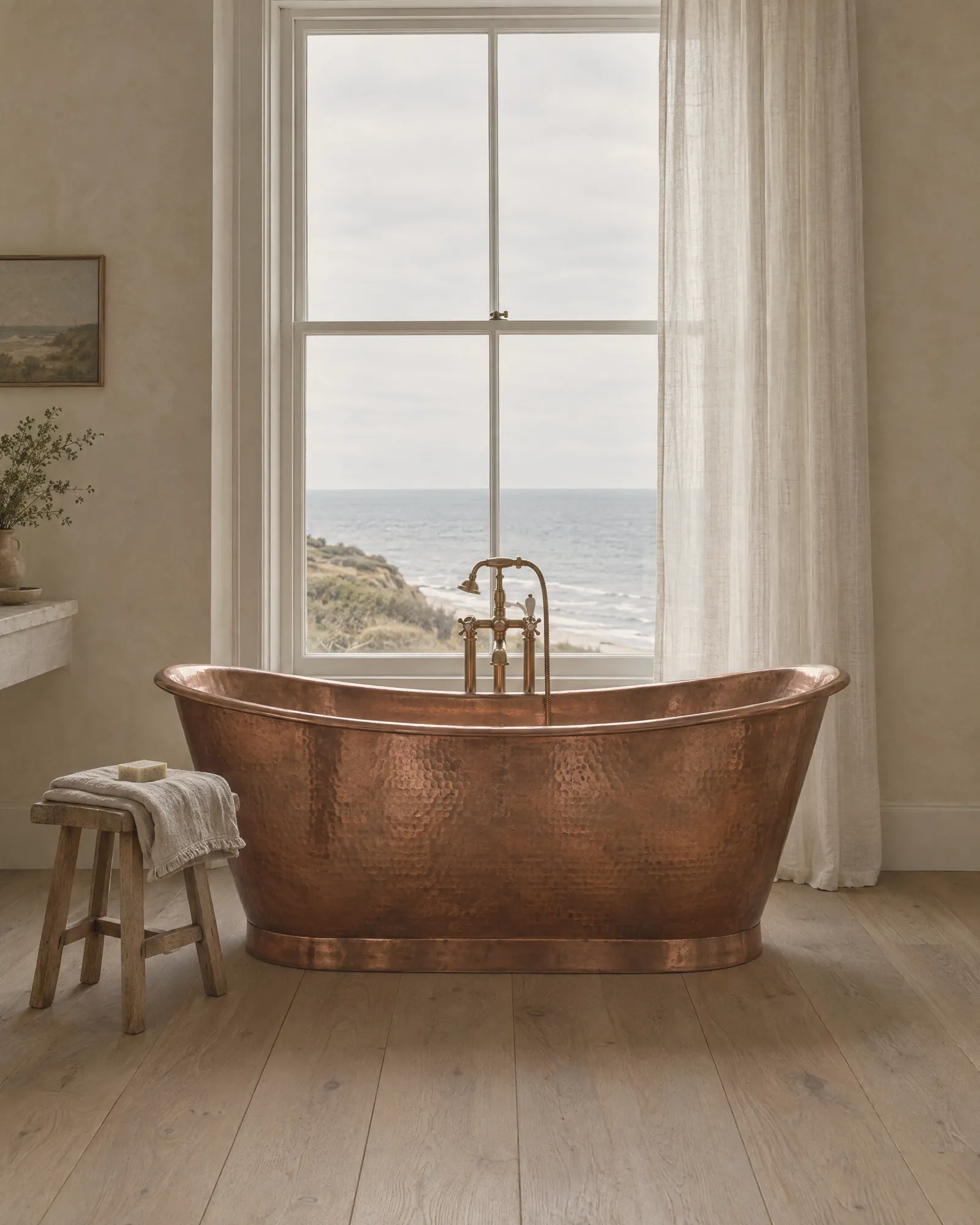 A hammered copper bath in front of a tall sash window looking out to the North Sea