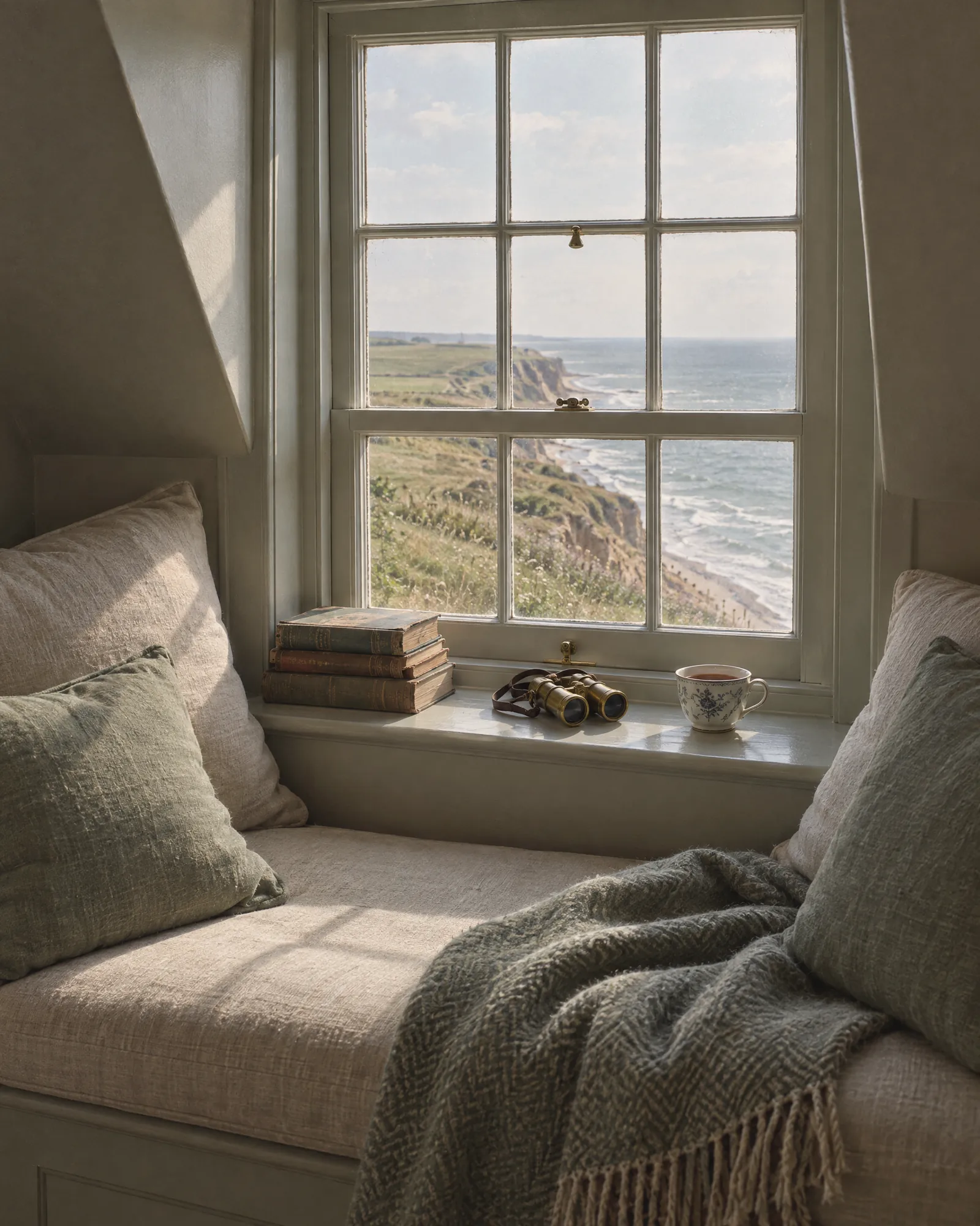 A window seat with linen cushions, books and binoculars above the clifftop