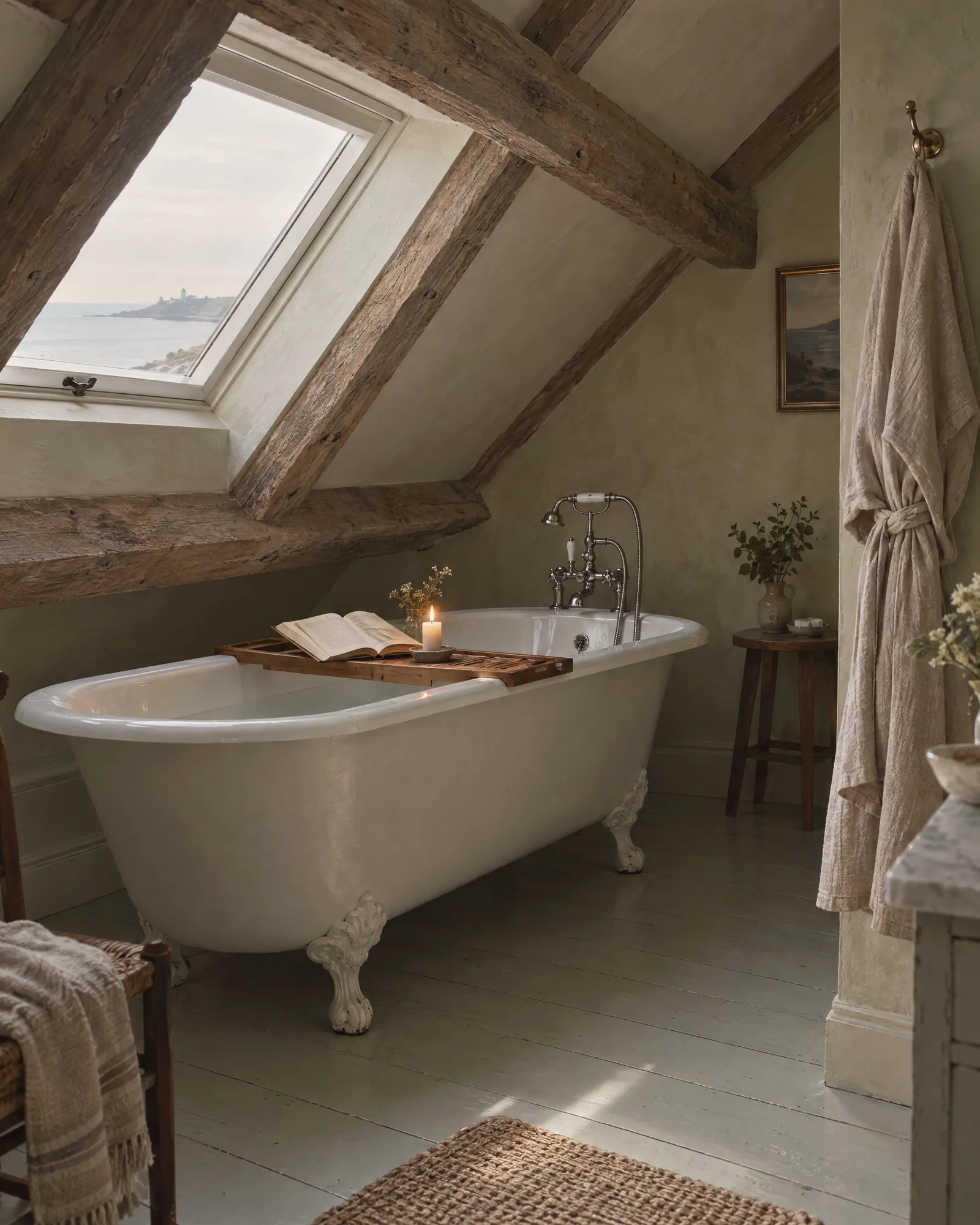 A white roll-top bath beneath beamed eaves with a book and candle on a bath rack