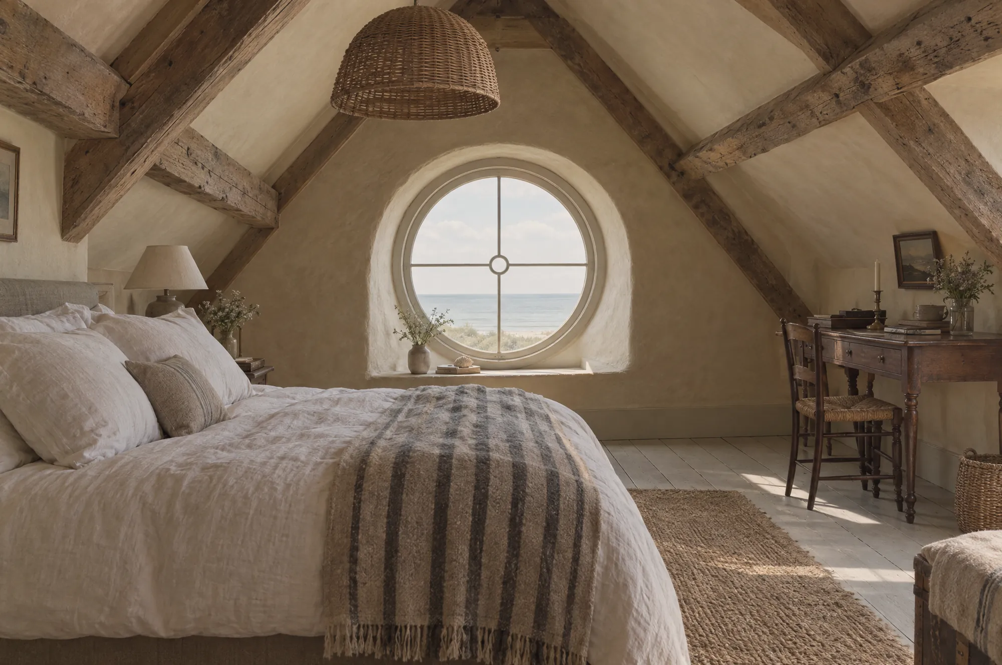 Marram attic bedroom under oak beams with a round window framing the sea