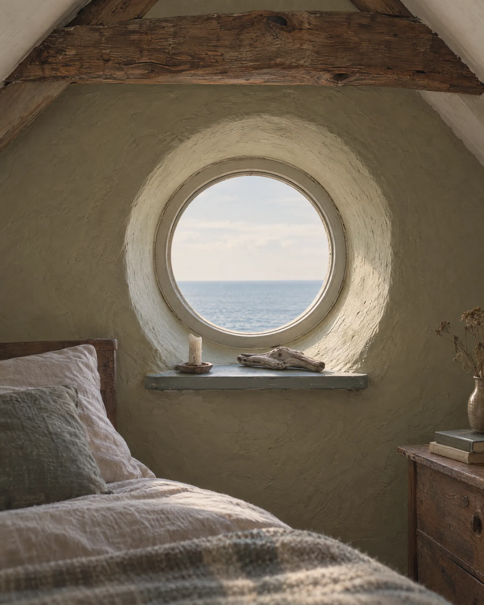 A round window set deep in a lime-plastered wall, framing the sea