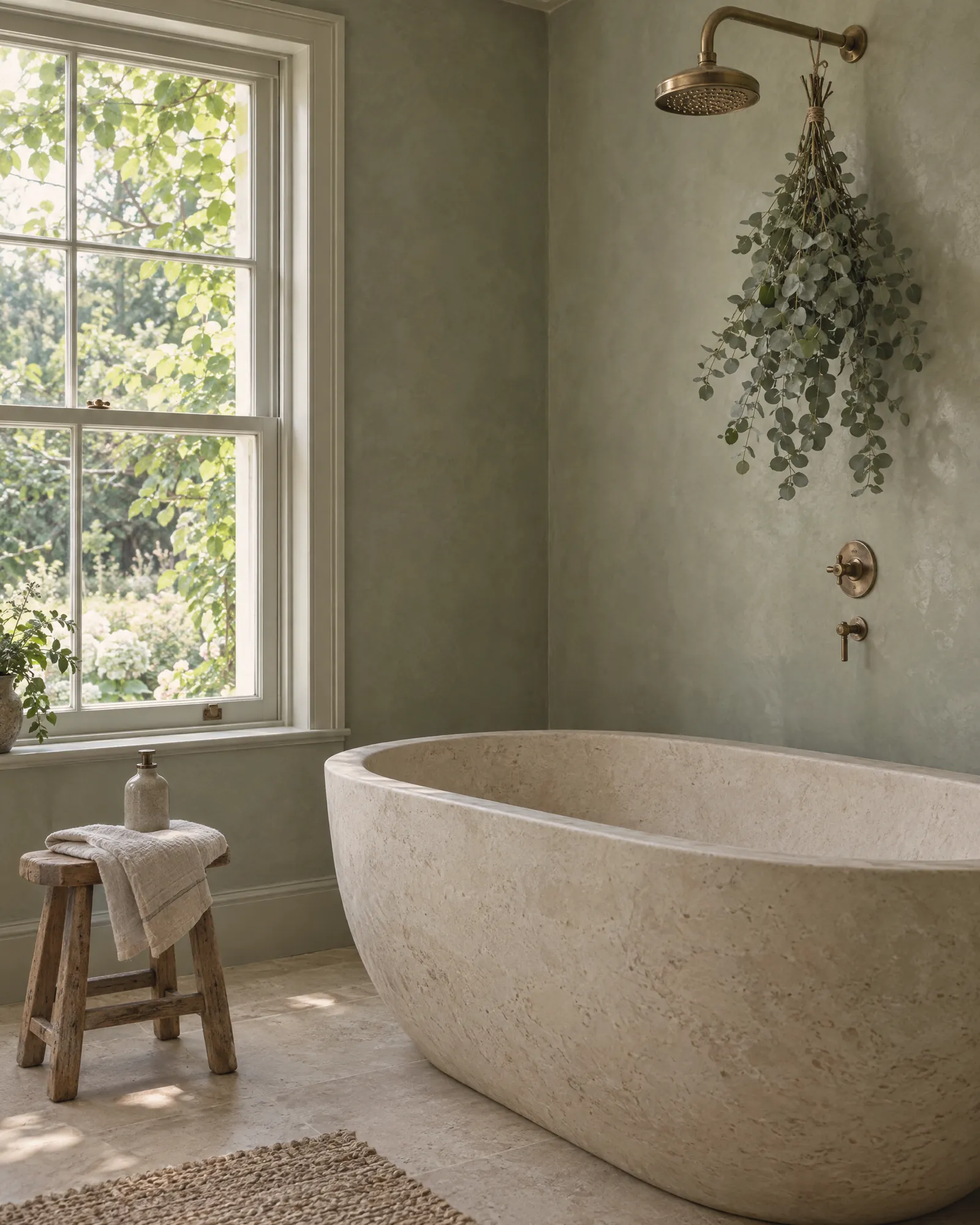 A carved limestone bath in a sage green bathroom with eucalyptus hanging from the shower