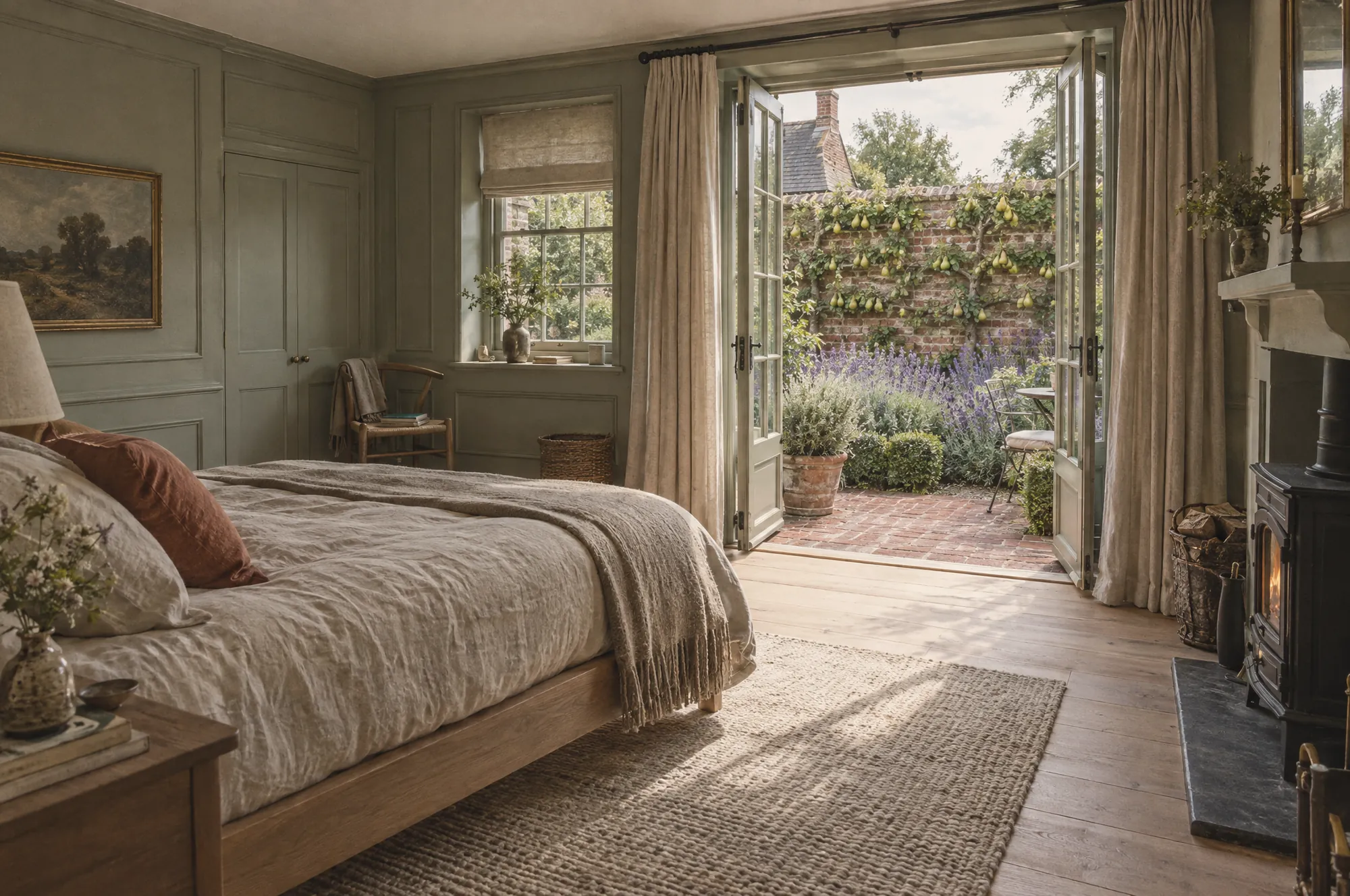 Samphire garden suite with doors open onto a brick terrace and the walled garden