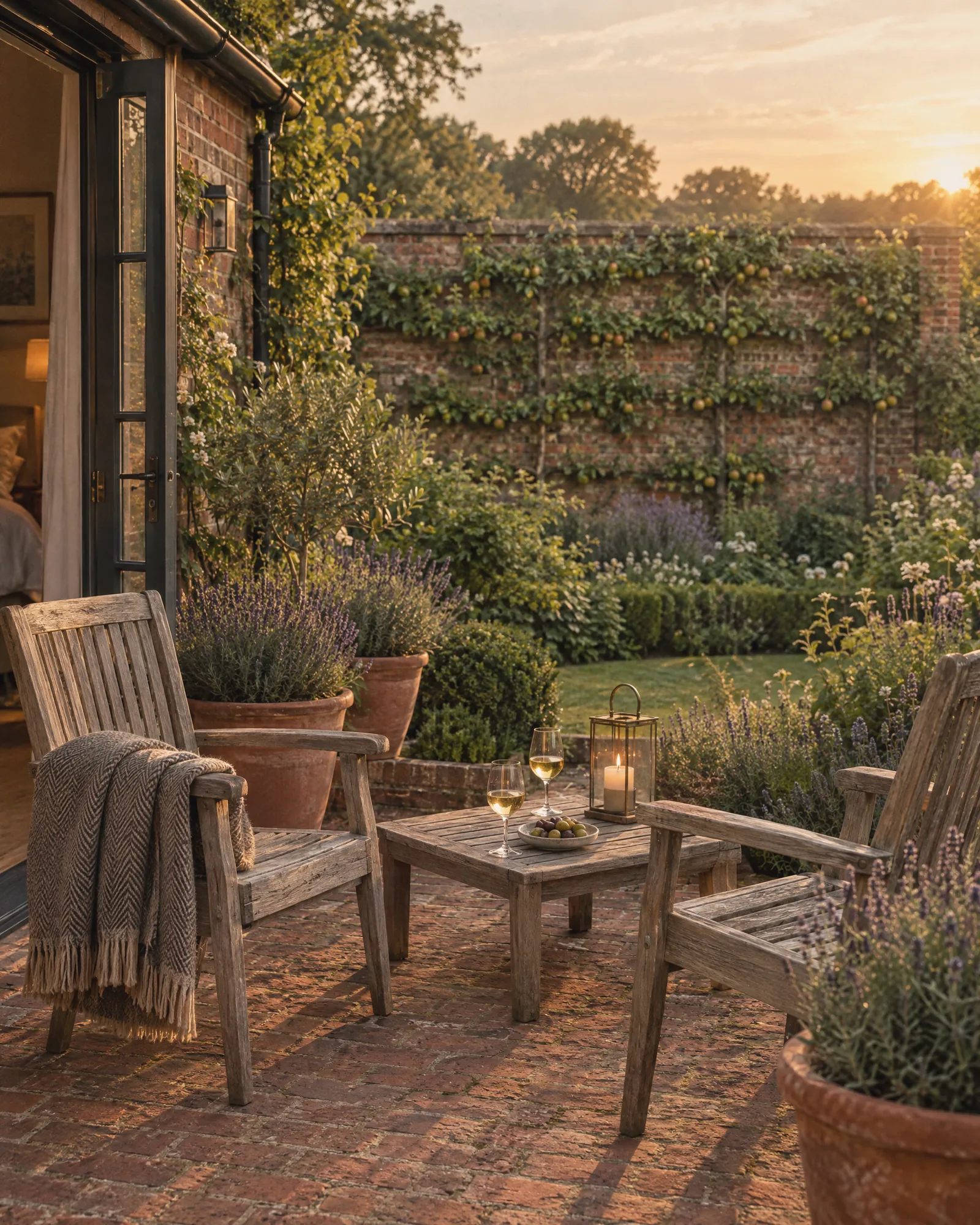 A private brick terrace with teak chairs, wine and a lantern at golden hour