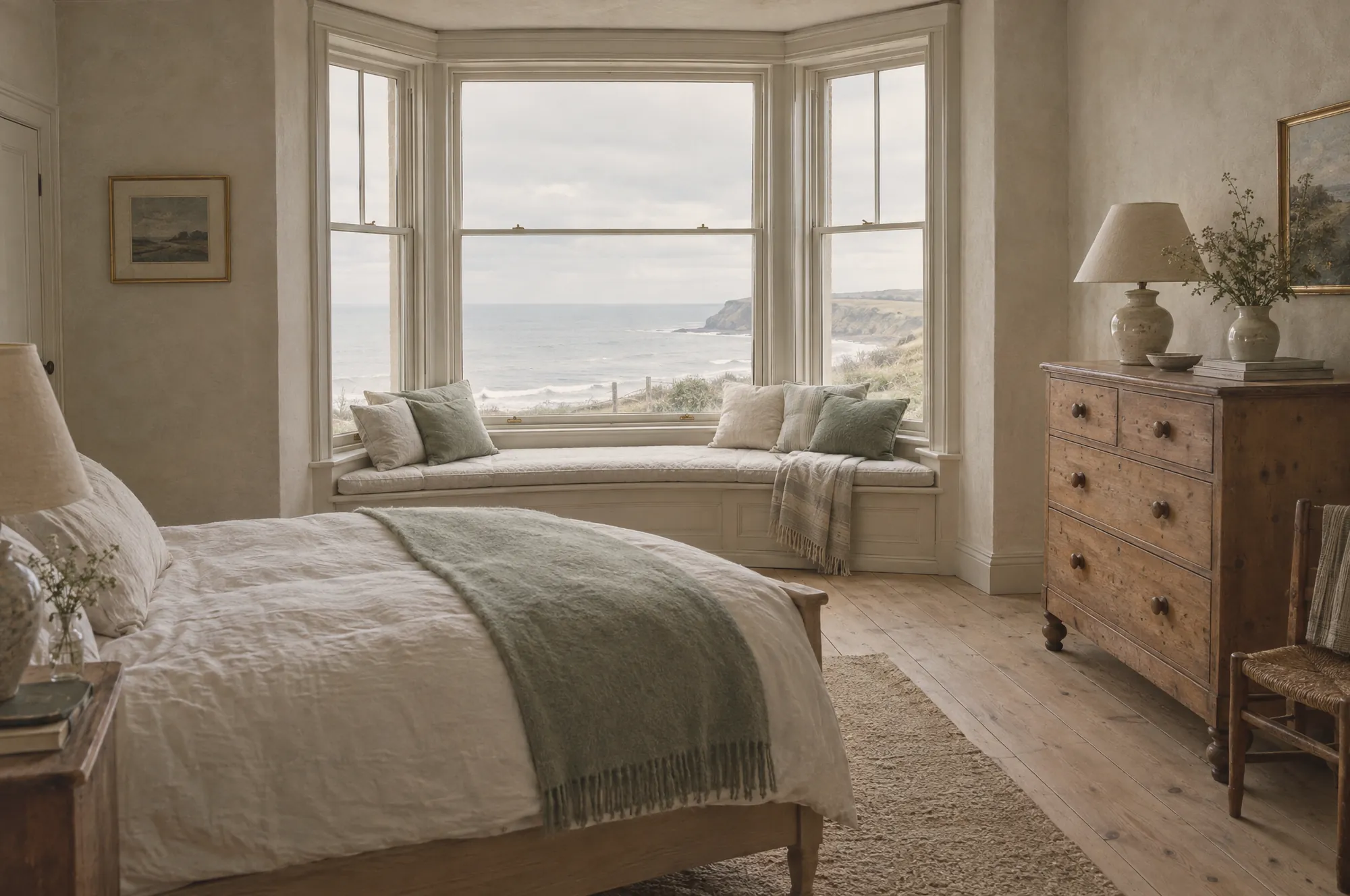 Sea Holly bedroom with a pale oak bed facing a bay window seat over the sea