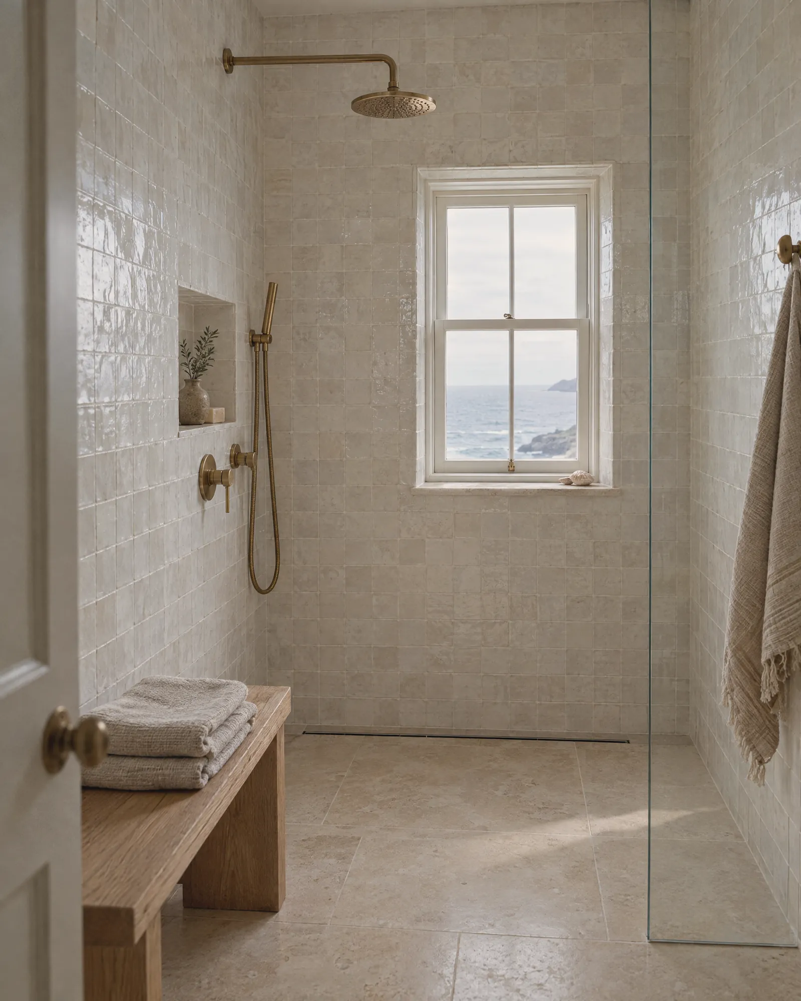 A walk-in rain shower tiled in chalk-white zellige with brass fittings