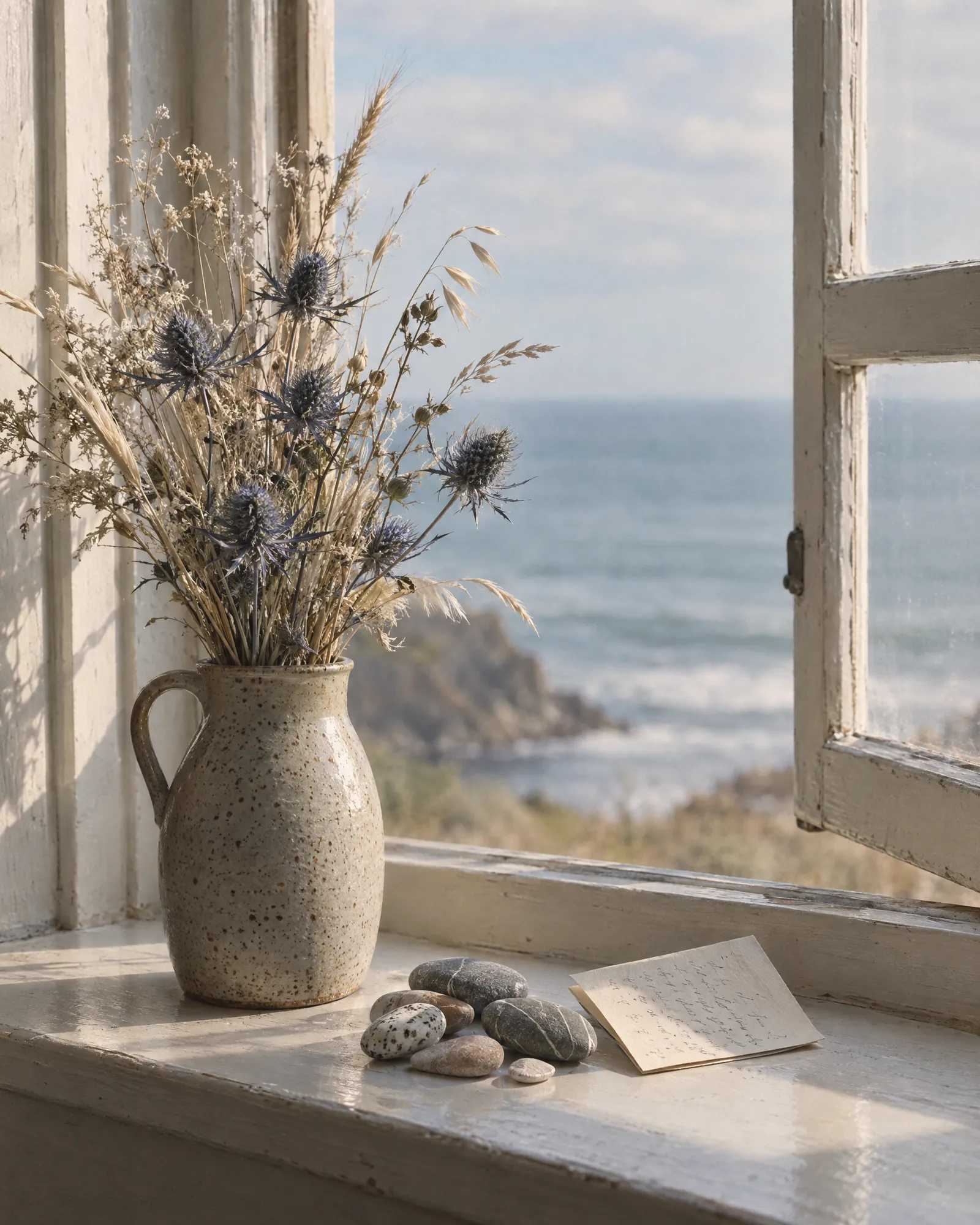 A stoneware jug of dried sea holly on a windowsill above the sea