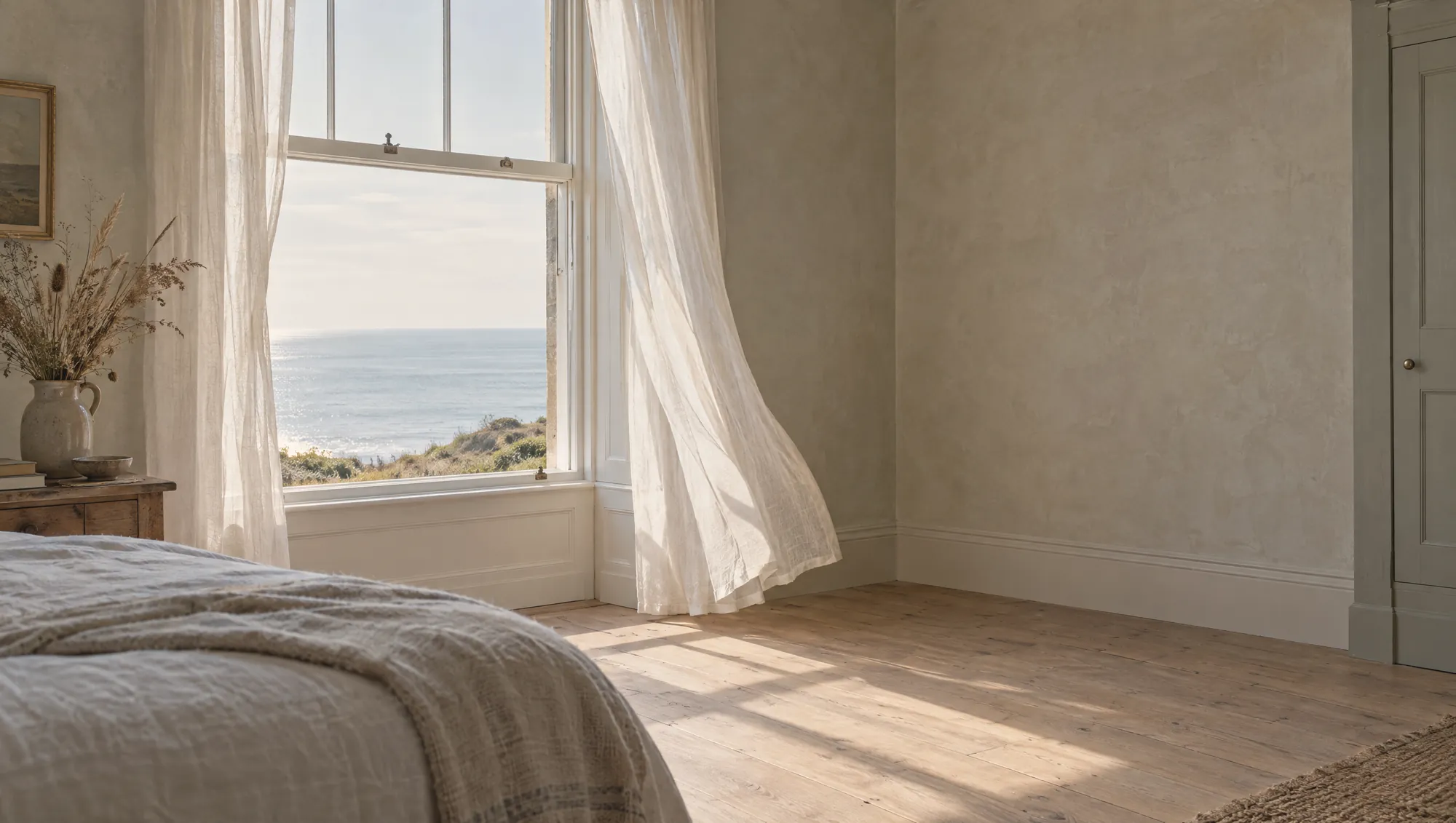 A bedroom with sheer linen curtains lifting at an open sash window above the sea