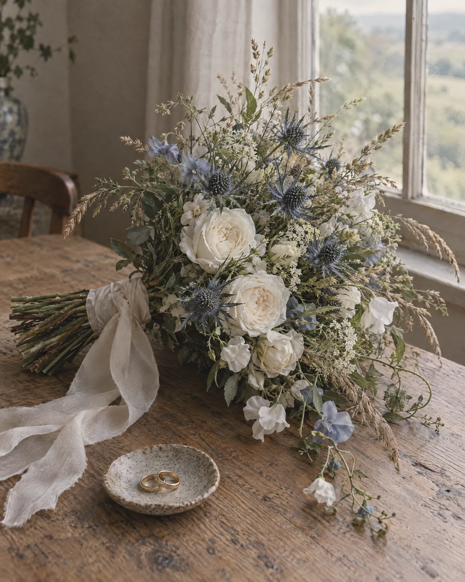 A bouquet of sea holly, grasses and white roses on an oak table