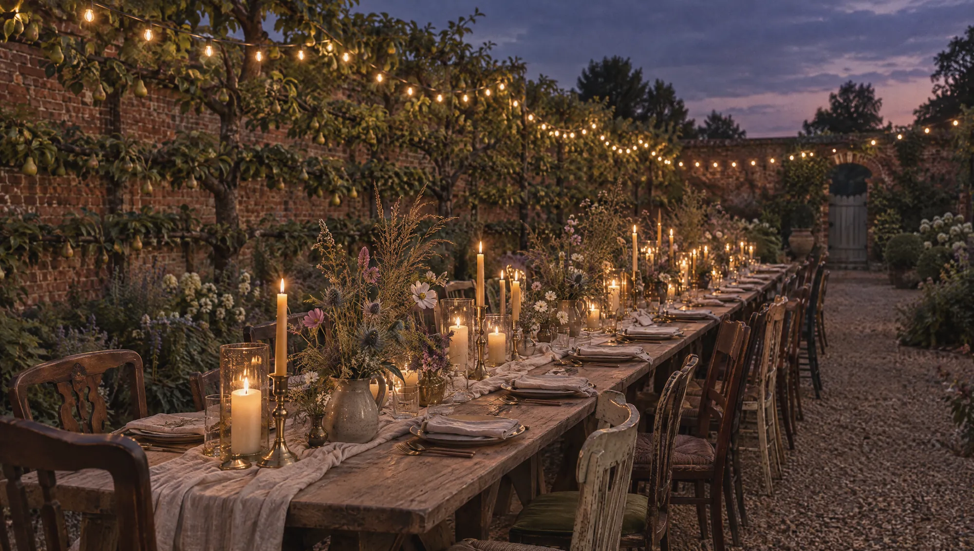 A long wedding table lit with candles in a brick walled garden at dusk